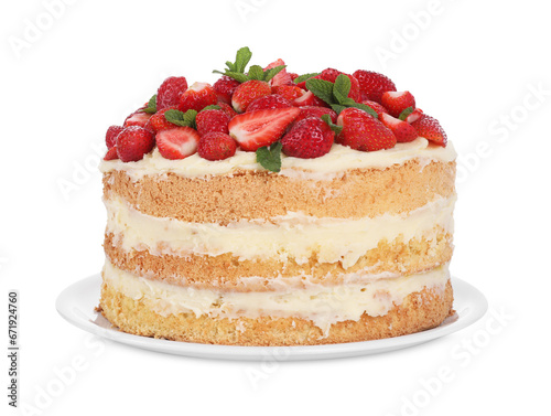 Tasty cake with fresh strawberries and mint isolated on white