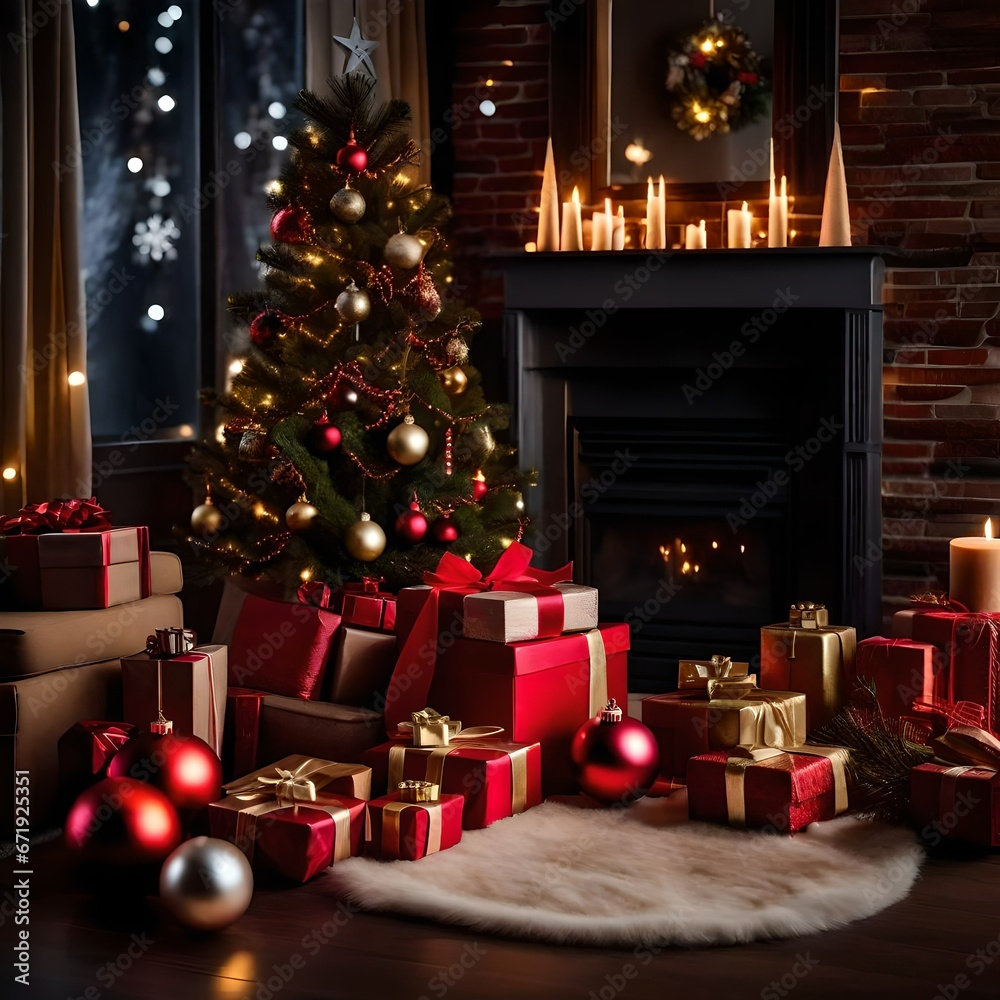 Interior of a house at Christmas time. Warm and cozy living room with Christmas tree, decorations and presents