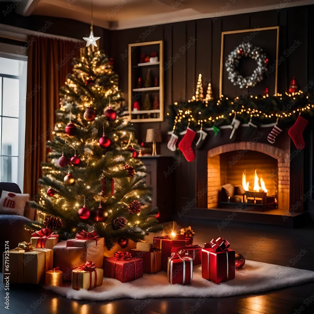 Interior of a house at Christmas time. Warm and cozy living room with Christmas tree, decorations and presents
