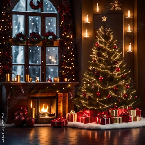 Interior of a house at Christmas time. Warm and cozy living room with Christmas tree  decorations and presents