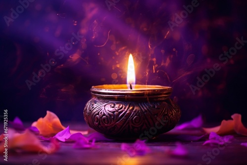 Colorful burning candles on purple background for diwali celebration