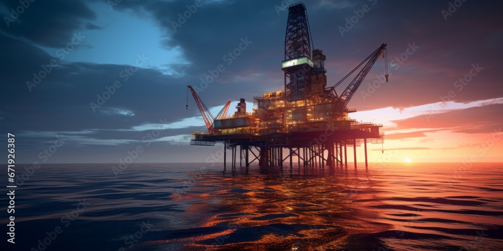 Twilight on the Horizon: Oil Rig Stands Tall in the Ocean, Symbolizing Offshore Industry and Energy Extraction