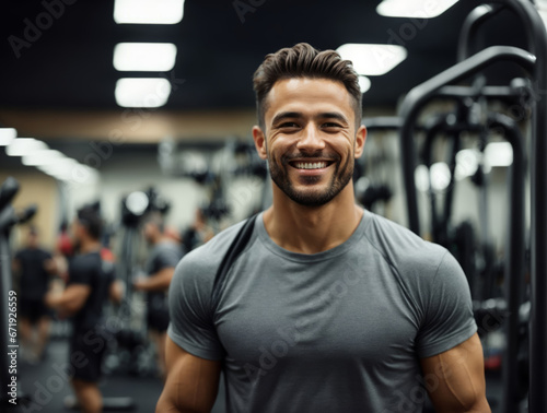 Smiling man in the gym, giving a thumbs-up with a positive attitude, symbolizing the idea of sports and a healthy lifestyle.