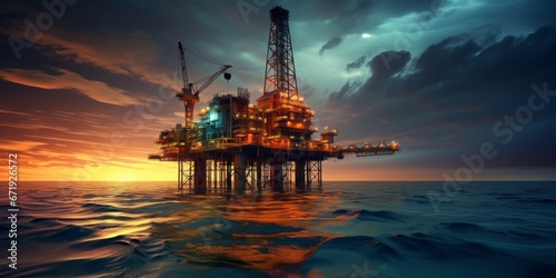Twilight on the Horizon: Oil Rig Stands Tall in the Ocean, Symbolizing Offshore Industry and Energy Extraction
