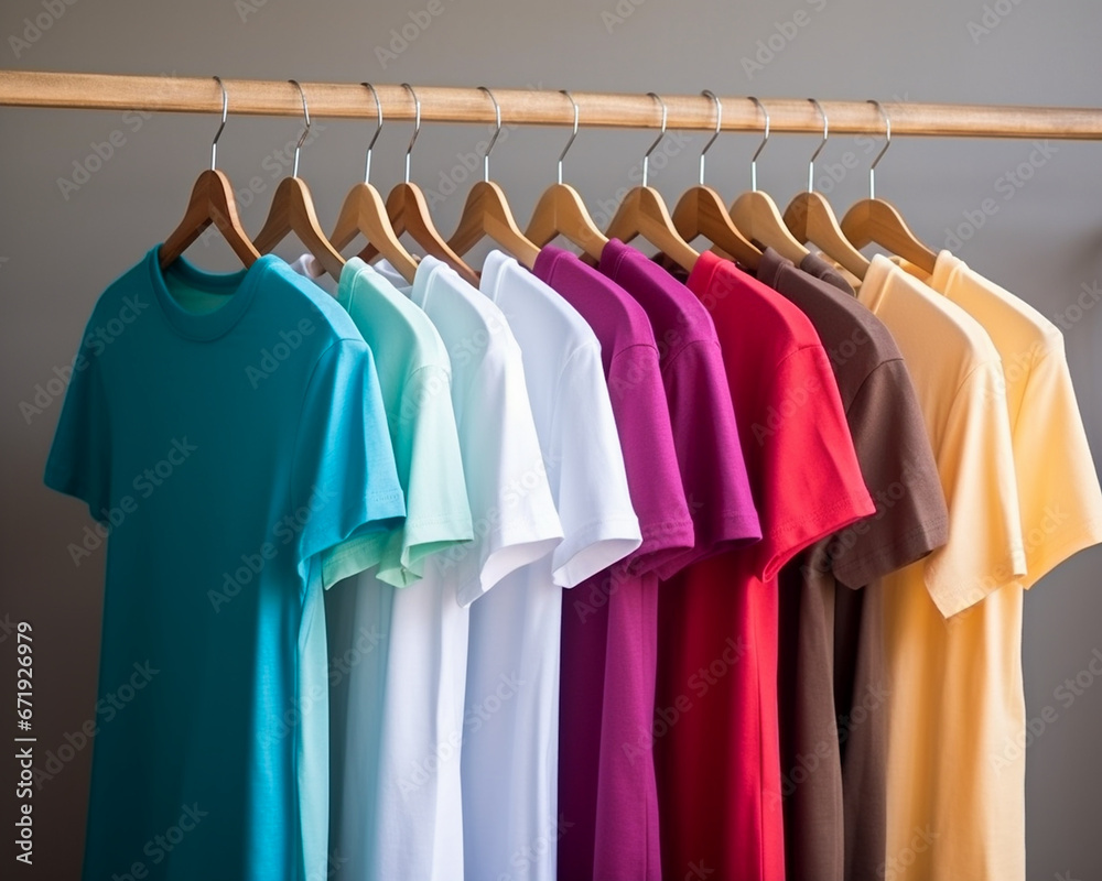 カラフルTシャツがハンガーにかかっている カラフルTシャツがハンガーにかかっている