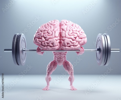 Muscular human brain with barbell, strong and healthy mindset concept, conceptual illustration. Generative AI