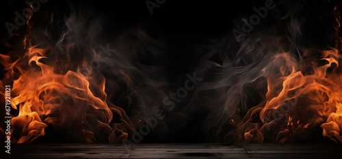 Black wooden background and fire flames, digital illustration, background for advertisement. Generative AI
