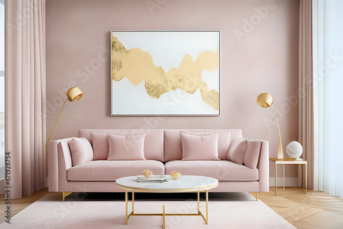 Luxury modern apartment living room with pastel pink marble texture and gold highlights artwork frame. 3d rendering