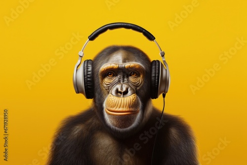 Illustration of chimpanzee with headphones, leisure and entertainment music concept, yellow background. Generative AI