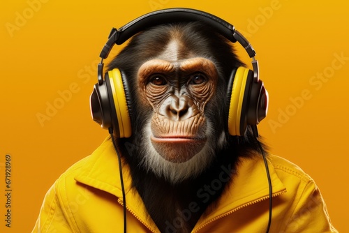Illustration of chimpanzee with headphones, leisure and entertainment music concept, orange background. Generative AI