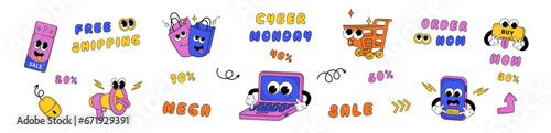 Set of trendy groovy sale promo characters of speaker, shop cart, bags, voucher, laptop, phone, 10-50 discounts percent, bubble lettering Mega Sale, WOW, Cyber Monday, Hot, Best Price .Isolated vector
