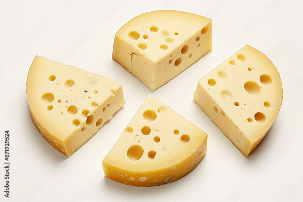 Illustration of pieces of Swiss cheese, white background. Generative AI
