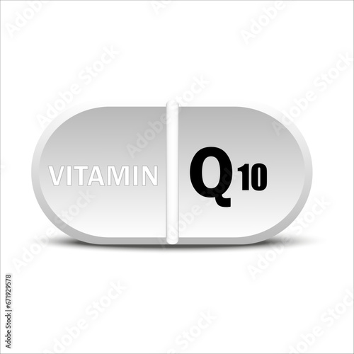 Vitamin Q10 white icon. Vitamin drop pill capsule icon. Vector illustration. EPS10.
