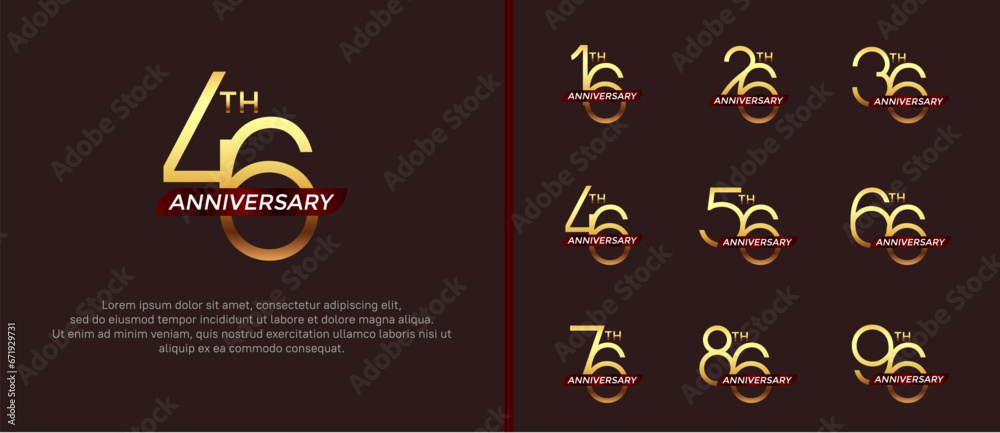 set of anniversary logo gold color and red ribbon on brown background for celebration moment