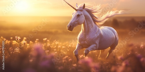 A White Unicorn with a Horn Gracefully Galloping Across a Magical Meadow