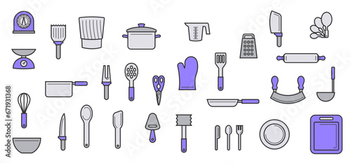 Set of 30 outline flat cartoon kitchen utensils vector illustration, kitchen scale, egg beater, bowl, cooking brush, saucepan, spoon, ladle, measuring spoon, chef knife, double mezzaluna knife, 
