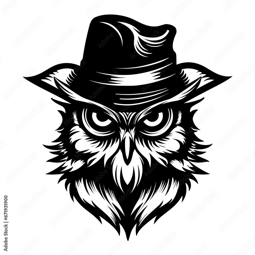 Unique Logo of Owl Wearing a Detective Hat. Vector Illustration. SVG Unique Logo of Owl Wearing a Detective Hat. Vector Illustration. SVG