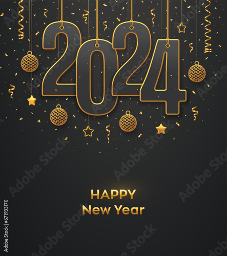 Happy New 2024 Year. Hanging on gold ropes numbers 2024 with shining 3D metallic stars, balls and confetti on black background. New Year greeting card, banner template. Realistic Vector illustration.