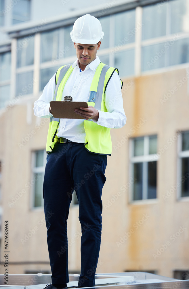 Notes, planning and construction worker writing about building progress, inspection and maintenance. Security, industrial and safety man on a site to check repairs, architecture and contractor work