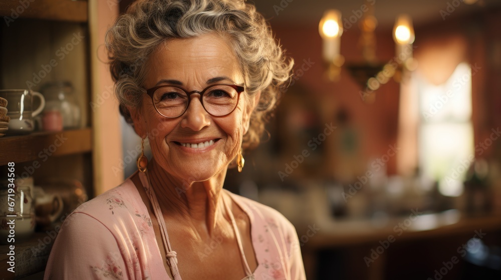 Portrait of a senior woman graciously engages with the camera in the comfort of her own home.