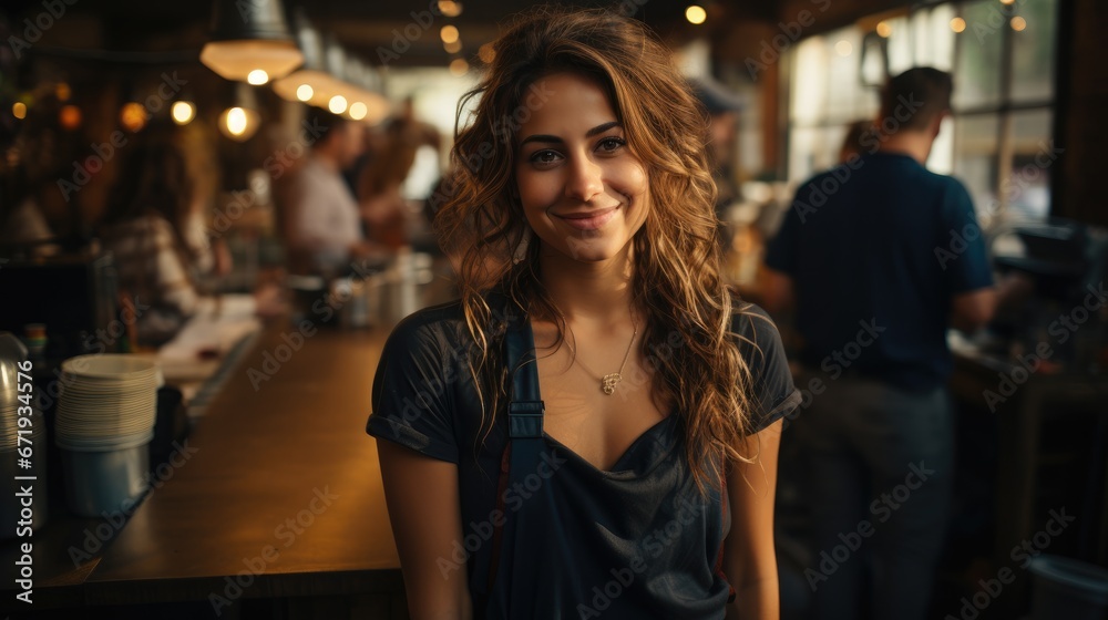 Portrait of a female barista in a cafeteria looking at camera smiling.