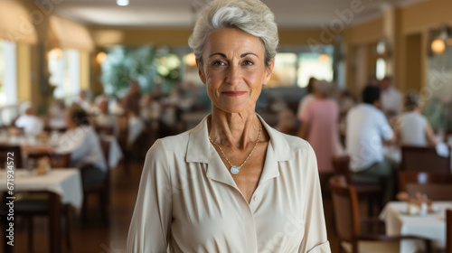 Portrait of an elegant senior lady enjoying fine lunch at a restaurant