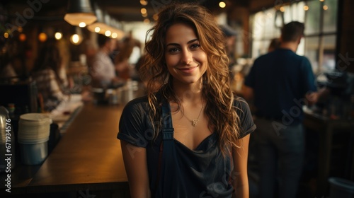 Portrait of a female barista in a cafeteria looking at camera smiling.