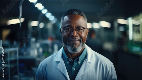 Portrait of a seasoned African American pharmacist in the heart of the pharmacy