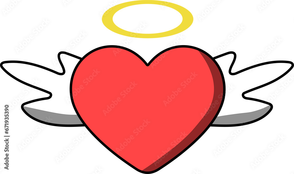 The red heart has white wings and a yellow fairy band