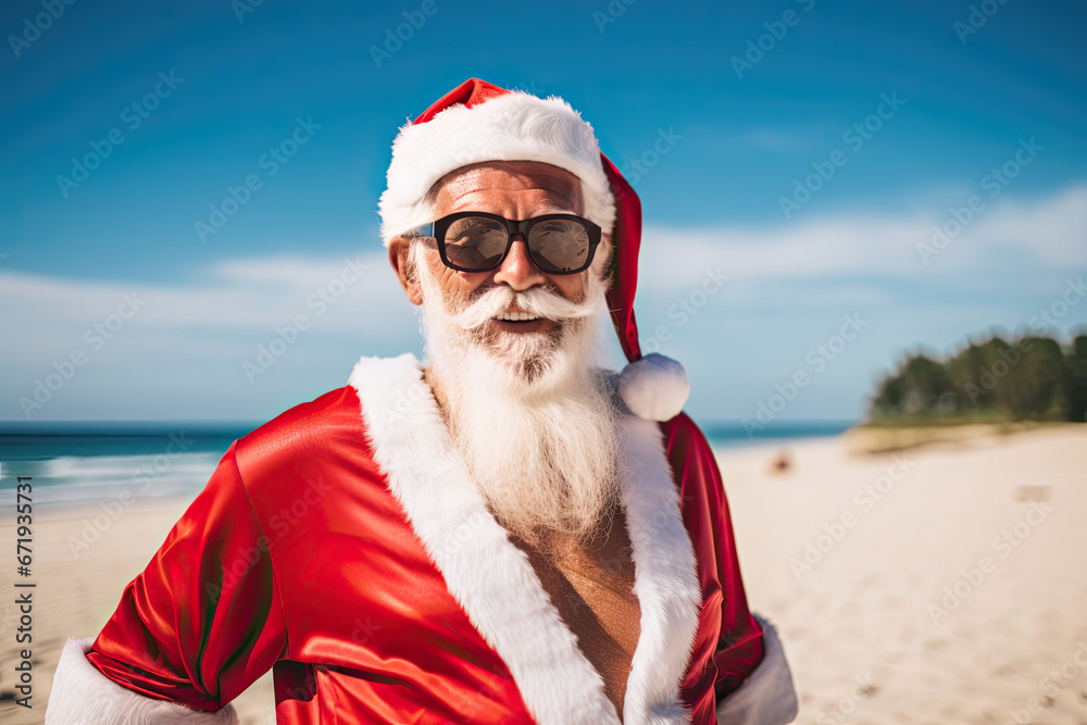 Obraz premium Cool Santa Claus with sunglasses at the beach. He must be sweating in his thick clothes.