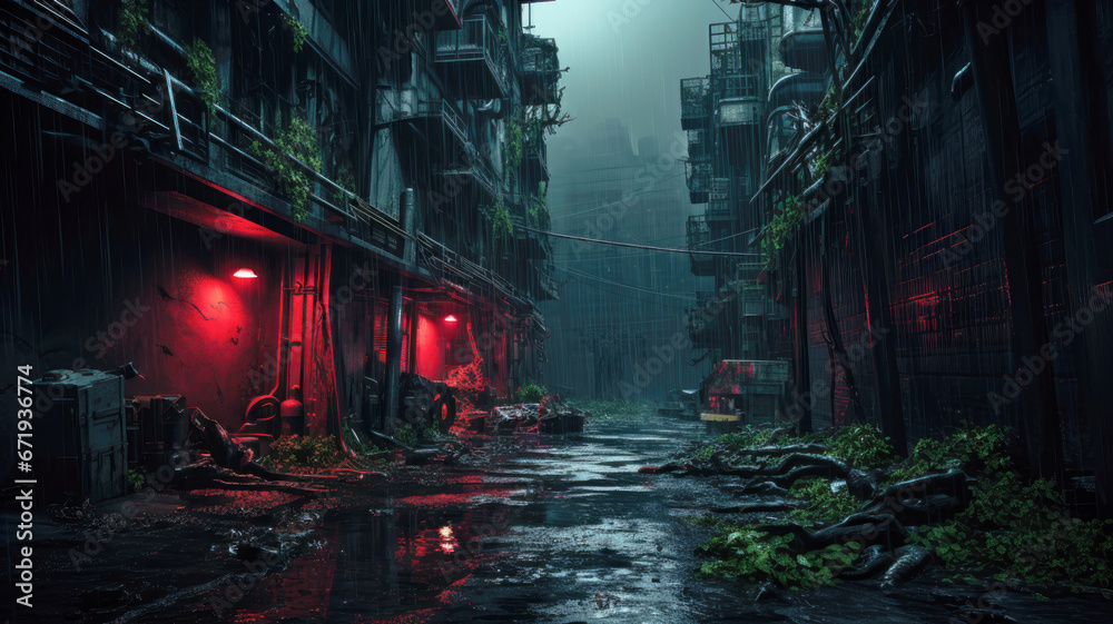 Dark alley in dystopian cyberpunk city at night, gloomy street w