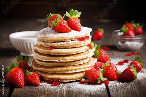 delicious pancakes with strawberries on wooden table 