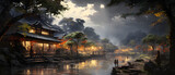A serene Chinese village with old buildings red lanterns and a reflective river 6