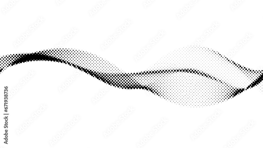 Fototapeta premium Halftone wave background. Dotted flowing shape wallpaper. Abstract wavy gradient texture. Black and white curved liquid line element for poster, banner, cover. Vector