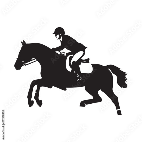 black silhouette of an Equestrian jumping with a horse © StockNinja