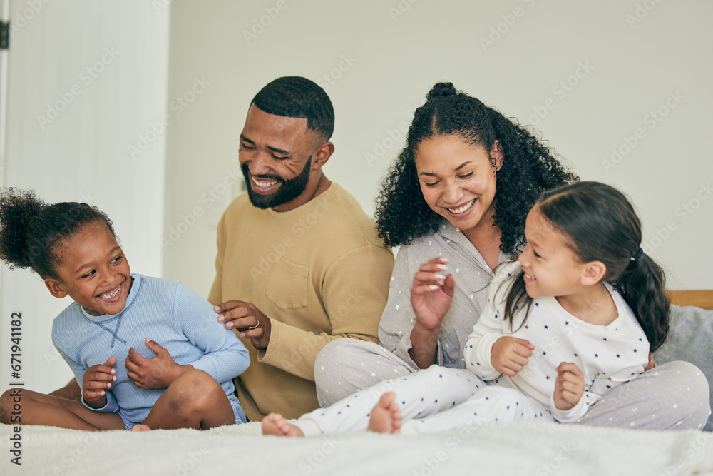 Family, playful and bed with children in morning for quality time on weekend in home with care. Happiness, parents and kids together for fun in bedroom with laugh or bonding for love with smile. Family, playful and bed with children in morning for quality time on weekend in home with care. Happiness, parents and kids together for fun in bedroom with laugh or bonding for love with smile.