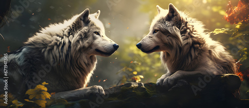 The male and female wolves look at each other in the forest 2