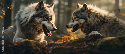 The male and female wolves look at each other in the forest 3