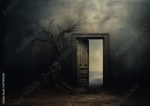 door room tree growing out illustration desolation leaving path visually striking inhabited levels heaven background