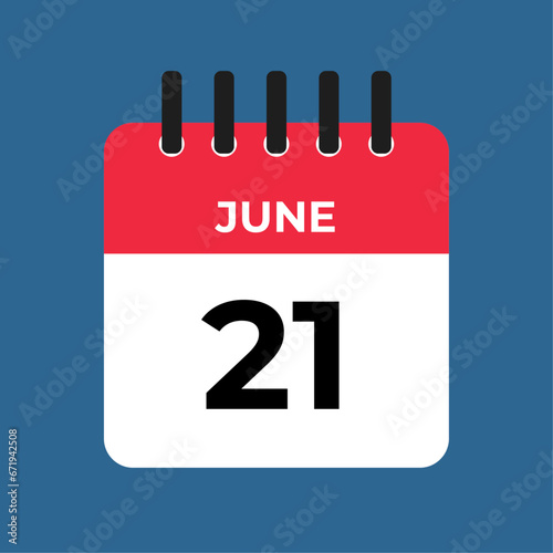 june 21 alendar reminder. 21 june daily calendar icon template. Calendar 21 june icon Design template. Vector illustration
