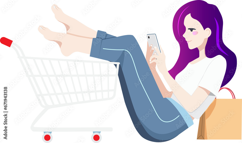 Young woman sitting near shopping cart and using a mobile phone for shopping online. Young woman sitting near shopping cart and using a mobile phone for shopping online.