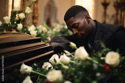 Young African American man says goodbye to a deceased man in a church. Сoffin, flowers and a grieving relative are nearby. The pain of loss and leaving for a better world. © Stavros