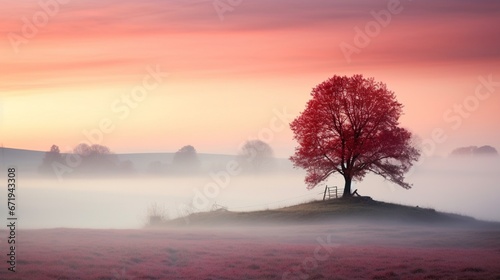 A Tranquil Sunrise over Misty Forest and Orange Sky generated by AI tool 