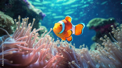 Tropical clownfish amidst luminous sea anemones in aquatic setting. Marine animals and corals. © Postproduction