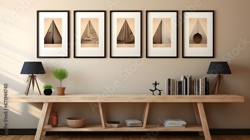 a poster and framed pictures with blank black frame, in the style of light bronze and light beige, contemporary classicism, minimalist textiles, vray, uhd image, striped painting, barbizon school © Muzikitooo