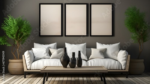 a white sofa and two black wooden tables and blank frames mockup, in the style of uhd image, albert joseph moore, black and beige, quadratura, minimalist strokes, solarizing master, mirror photo