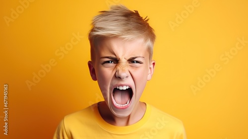 Angry irritated boy on yellow background. Full of rage. Emotional portrait of an upset preteen boy screaming in anger. Requirements for parents. Wrong perception. Hysterics. photo