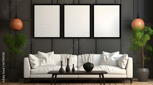 a white sofa and two black wooden tables and blank frames mockup, in the style of uhd image, albert joseph moore, black and beige, quadratura, minimalist strokes, solarizing master, mirror photo