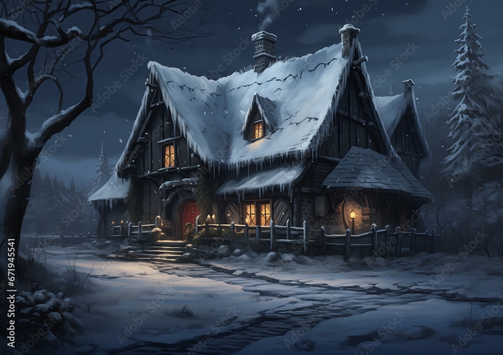 snowy night scene house lighted porch path illustration valve ...