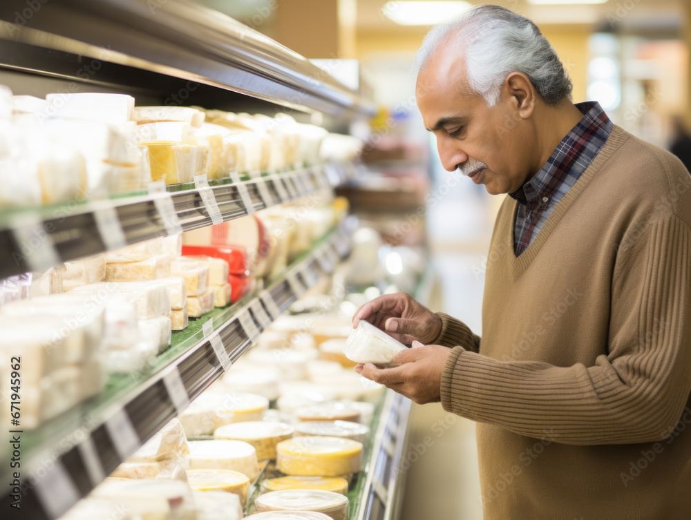 A man is shopping for cheese in a supermarket